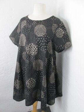 Mao Mam Cotton Babydoll Swing Tunic Top Women's L Black Geometric Short Sleeve